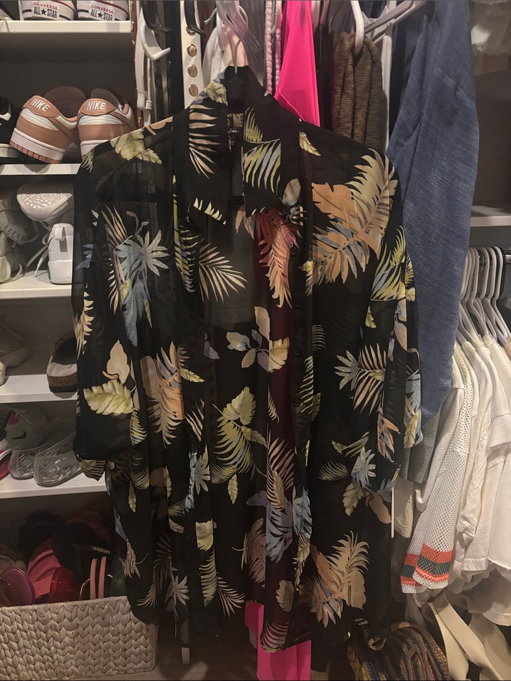 Black Sheer Tropical-Print beach coverup